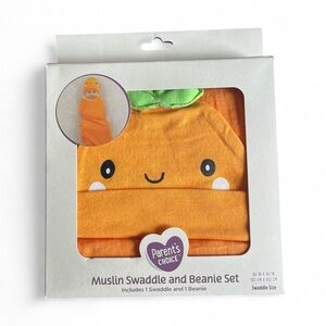 NWT Orange Pumpkin Muslin Swaddle and Beanie Set 100% Cotton